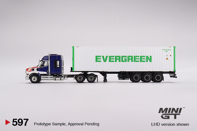 Mini GT 1:64 Western Star 49X with 40′ Reefer Container EVERGREEN Limited Edition – White driver side
