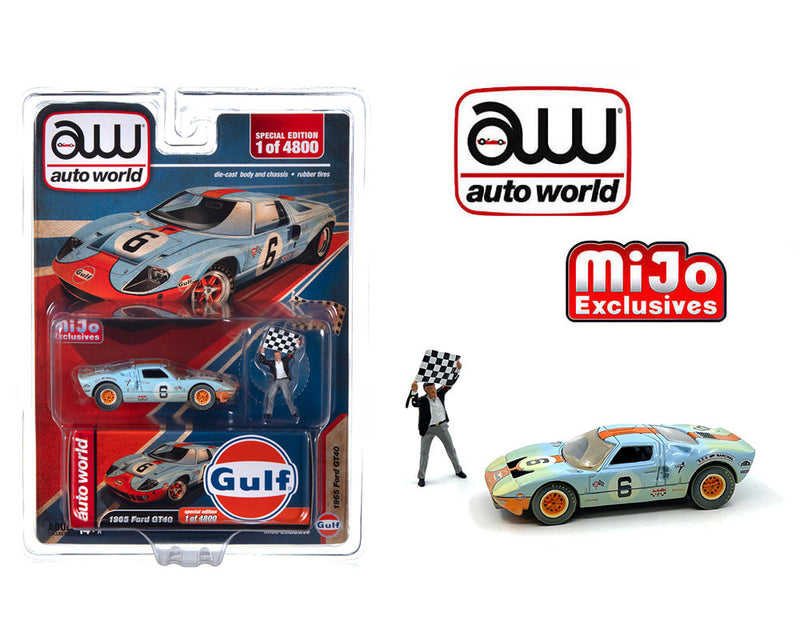 Auto World x American Diorama 1:64 1965 Ford GT40 Race Worn With Flag Man Figure Limited 4,800 Pieces – Mijo Exclusives Retail Packaging