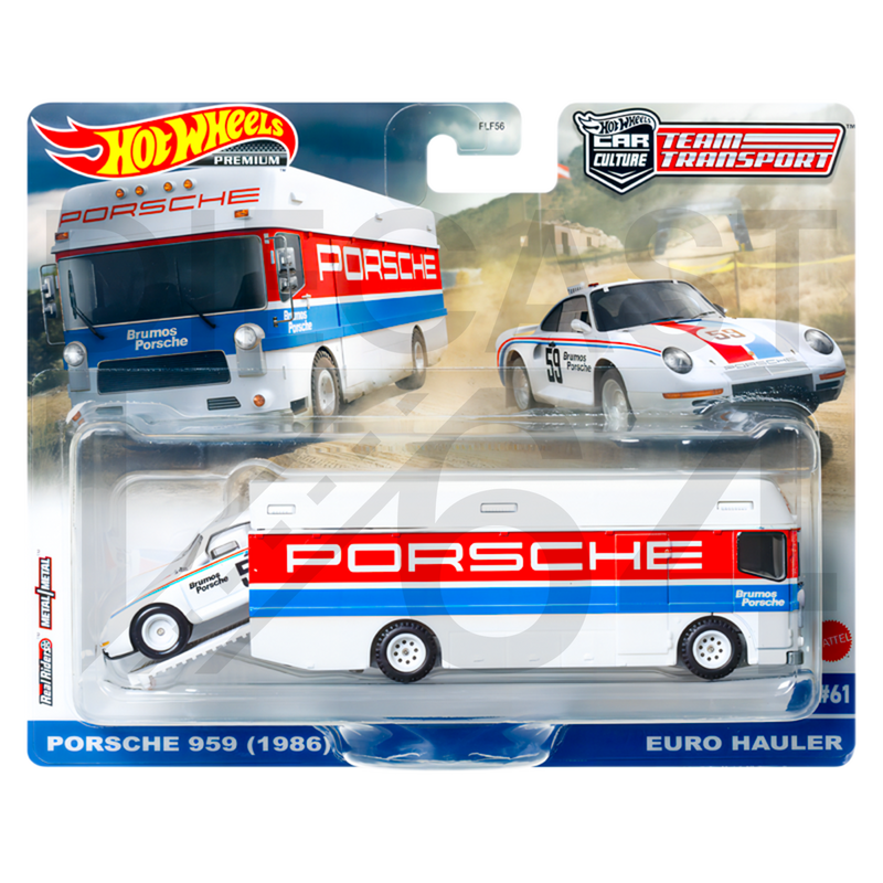 Hot Wheels 1:64 Team Transport 2023 W Case Assortment Porsche 959 (1986) with Euro Hauler