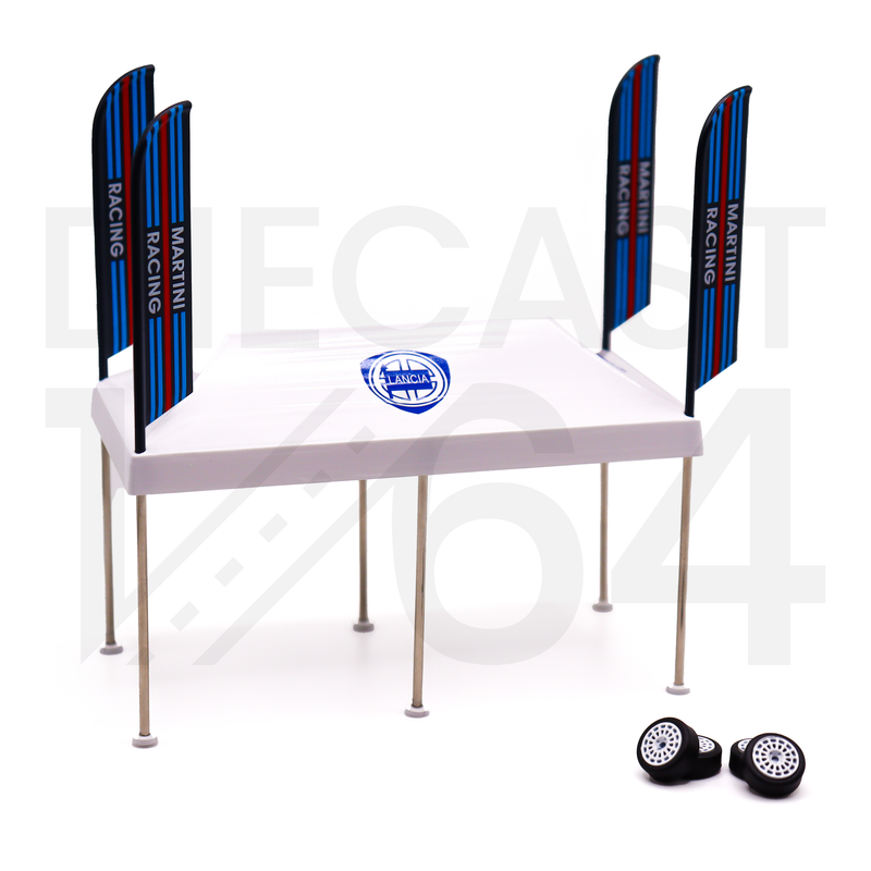 Mini GT 1:64 Paddock Service Tent Set – Martini Racing with wheels and flags