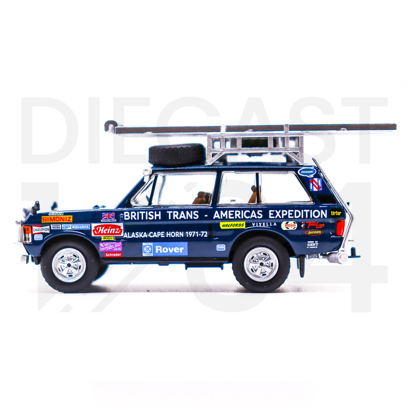 Mini GT 1:64 Range Rover 1971 British Trans-Americas Expedition (VXC-868K) – Blue driver side door – MiJo Exclusives