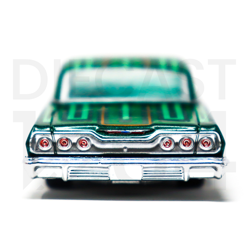 Greenlight 1:64 1963 Chevrolet Impala SS Lowriders Limited 3,600 Pcs- Metallic Green - MiJo Exclusives rear chrome bumper and tail lights