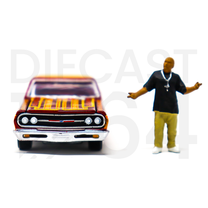 Johnny Lightning 1:64 Lowriders 1965 Chevrolet El Camino with American Diorama Figure Limited 3,600 Pieces – Mijo Exclusives front chrome bumper and headlights