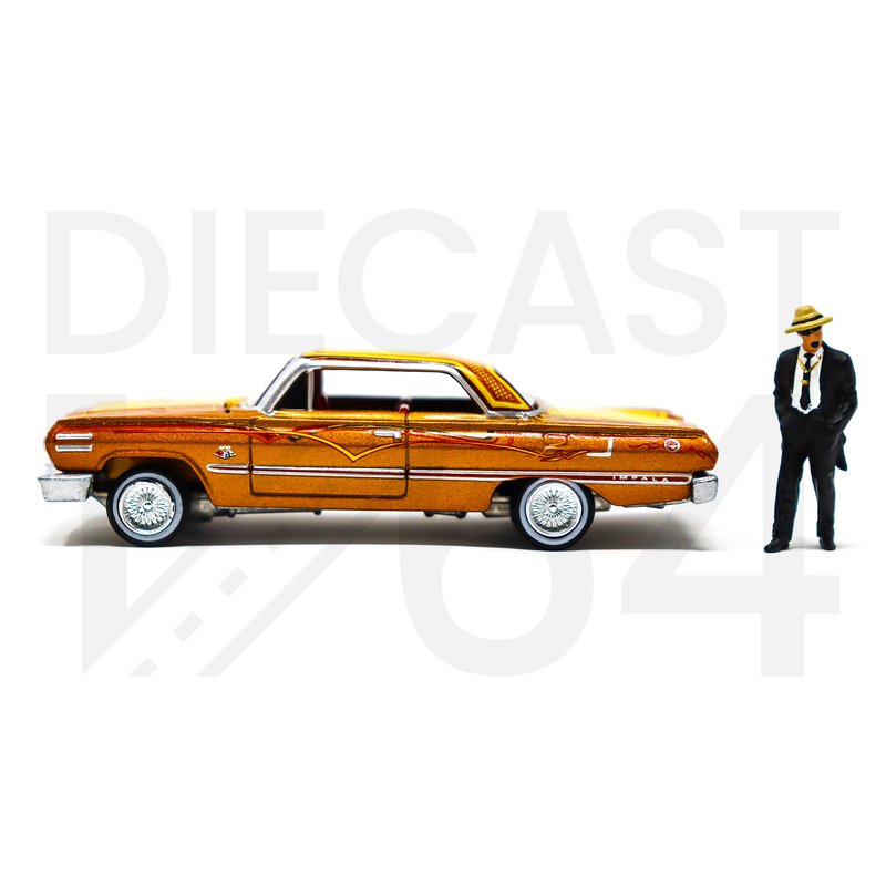 Johnny Lightning 1:64 Lowriders 1963 Chevrolet Impala with American Diorama Figure Limited 3,600 Pieces - Mijo Exclusives driver side chrome spoke wheels