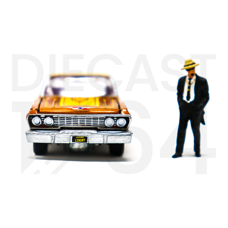 Johnny Lightning 1:64 Lowriders 1963 Chevrolet Impala with American Diorama Figure Limited 3,600 Pieces - Mijo Exclusives front chrome bumper and headlights