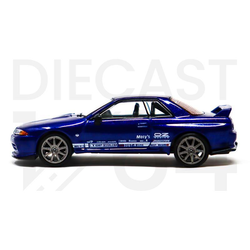 Mini GT 1:64 Nissan Skyline GT-R Top Secret VR32 – Blue Metallic – RHD – MiJo Exclusives driver side stickers