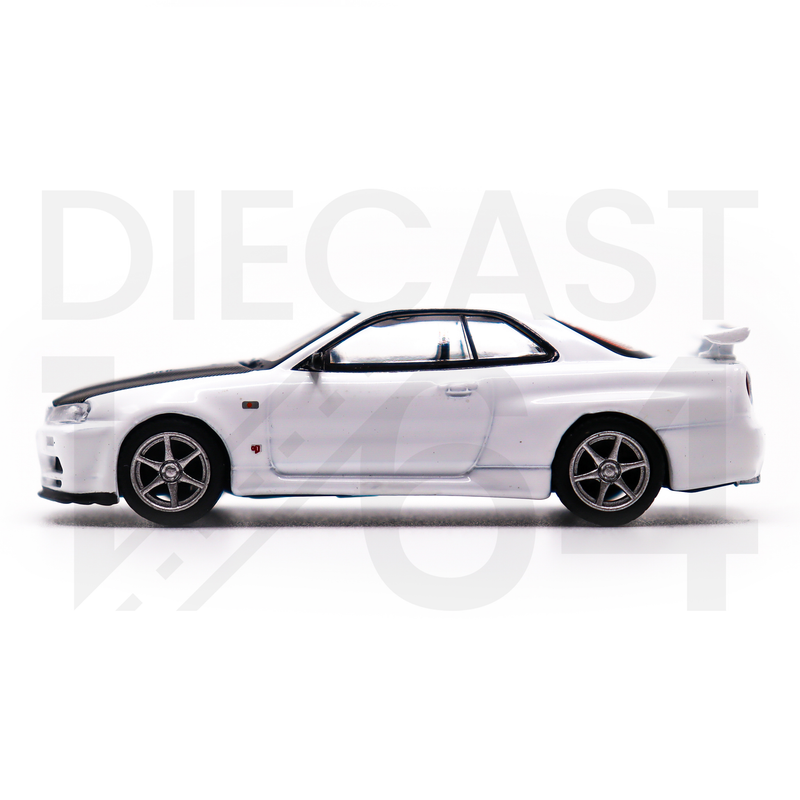 Mini GT 1:64 Nissan Skyline GT-R (R34) V-Spec II N1 (White) – MiJo Exclusives USA driver side door and wheels