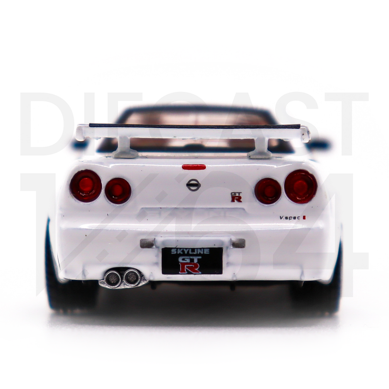 Mini GT 1:64 Nissan Skyline GT-R (R34) V-Spec II N1 (White) – MiJo Exclusives USA rear bumper and tail lights