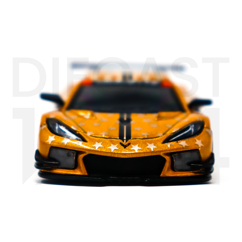 Mini GT 548 1:64 Chevrolet Corvette C8.R Stars & Stripes 2023 Limited 4,800 Pieces Worldwide – Gold Silver Mijo Exclusives front bumper with corvette logo and stars