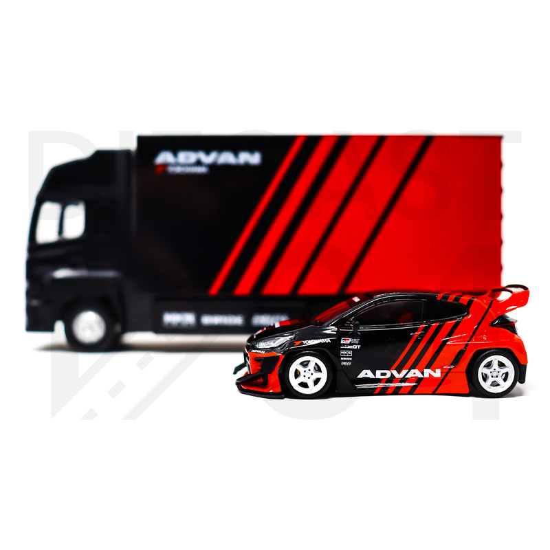 Tarmac Works 1:64 Pandem Toyota Yaris ADVAN With Truck – Black/ Red driver side of both hauler and yaris