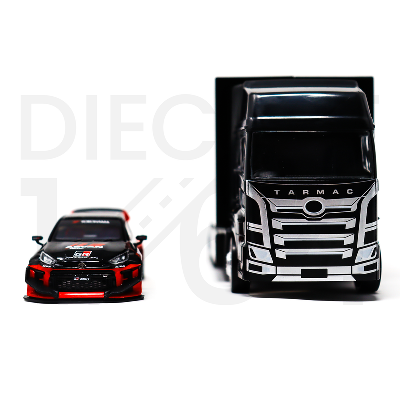 Tarmac Works 1:64 Pandem Toyota Yaris ADVAN With Truck – Black/ Red front bumpers of yaris and hauler