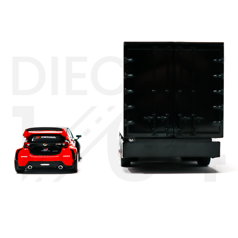 Tarmac Works 1:64 Pandem Toyota Yaris ADVAN With Truck – Black/ Red rear bumper and cargo doors