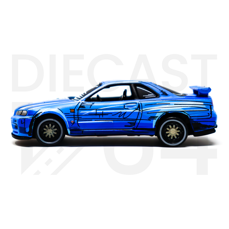 Johnny Lightning 1:64 1999 Nissan GT-R R34 Manga Racing- Blue – Mijo Exclusives Limited 3,600 Pieces driver side door and wheels