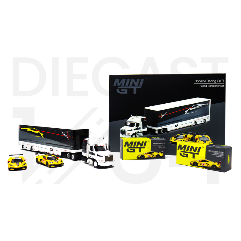 Mini GT Chevrolet Corvette C8R Racing Cars with Western Star Transporter retail packaging