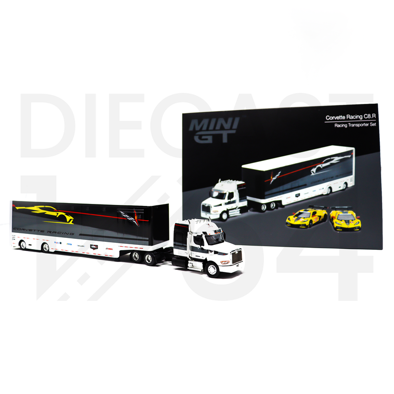 Mini GT Chevrolet Corvette C8R Racing Cars with Western Star Transporter and corvette racing logo on trailer