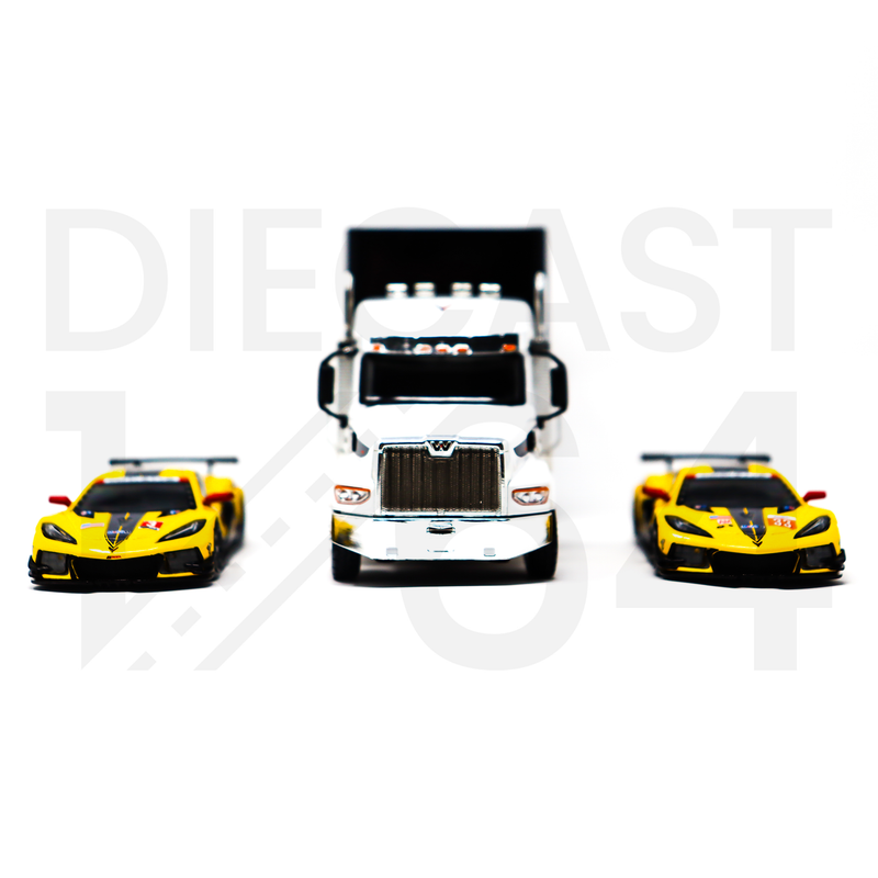 Mini GT Chevrolet Corvette C8R Racing Cars with Western Star Transporter front grilles and headlights