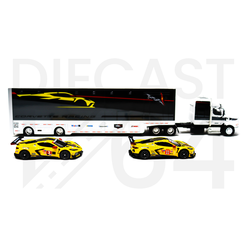 Mini GT Chevrolet Corvette C8R Racing Cars with Western Star Transporter passenger side wheels and tires