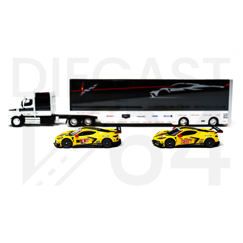 Mini GT Chevrolet Corvette C8R Racing Cars with Western Star Transporter driver side doors and mirrors