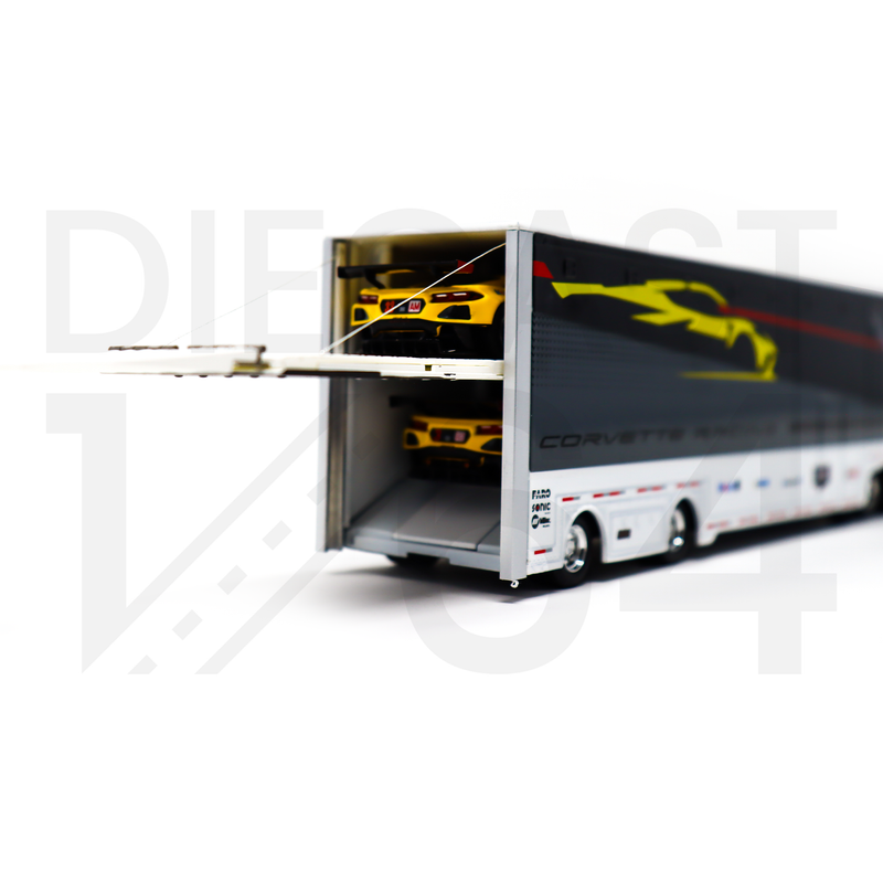 Mini GT Chevrolet Corvette C8R Racing Cars with Western Star Transporter with lifted loading ramp on the upper level