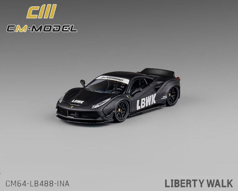 CM Model 1:64 LBWK Liberty Walk F488 Widebody Indonesia Exclusive – Matted Black with Carbon – Limited Edition