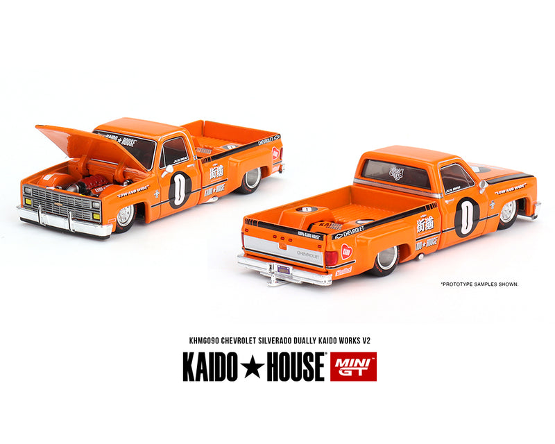 Kaido House x Mini GT 1:64 Chevrolet Silverado Dually KAIDO WORKS V2 – Orange