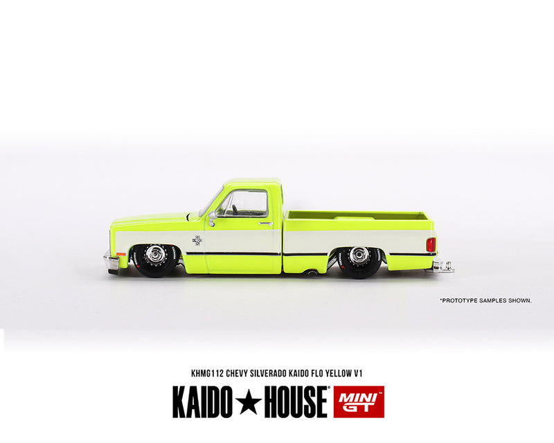 Kaido House x Mini GT 1:64 Chevrolet Silverado KAIDO Flo V1 – Yellow Chrome driver side door