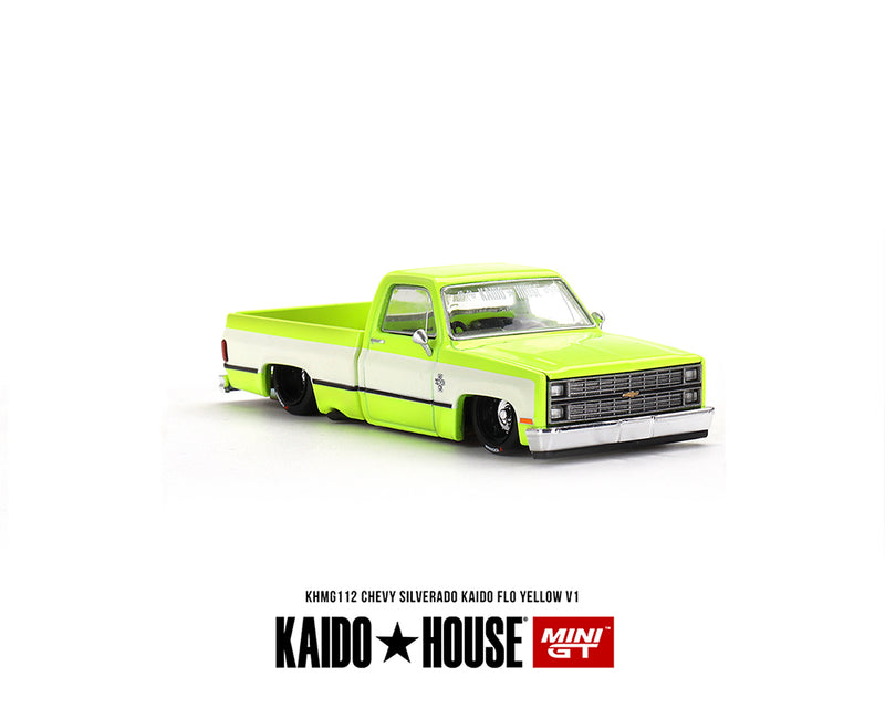Kaido House x Mini GT 1:64 Chevrolet Silverado KAIDO Flo V1 – Yellow Chrome front bumper and grille