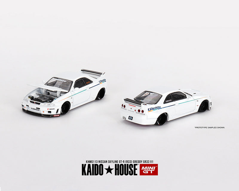 Kaido House x Mini GT 1:64 Nissan Skyline GT-R (R33) Greddy GR33 V1 – White hood open