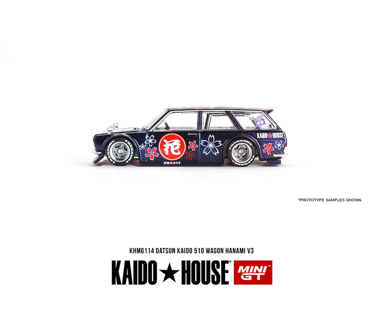 Kaido House x Mini GT 1:64 Datsun KAIDO 510 Wagon Hanami V3 – Magic Purple driver side door and wheels