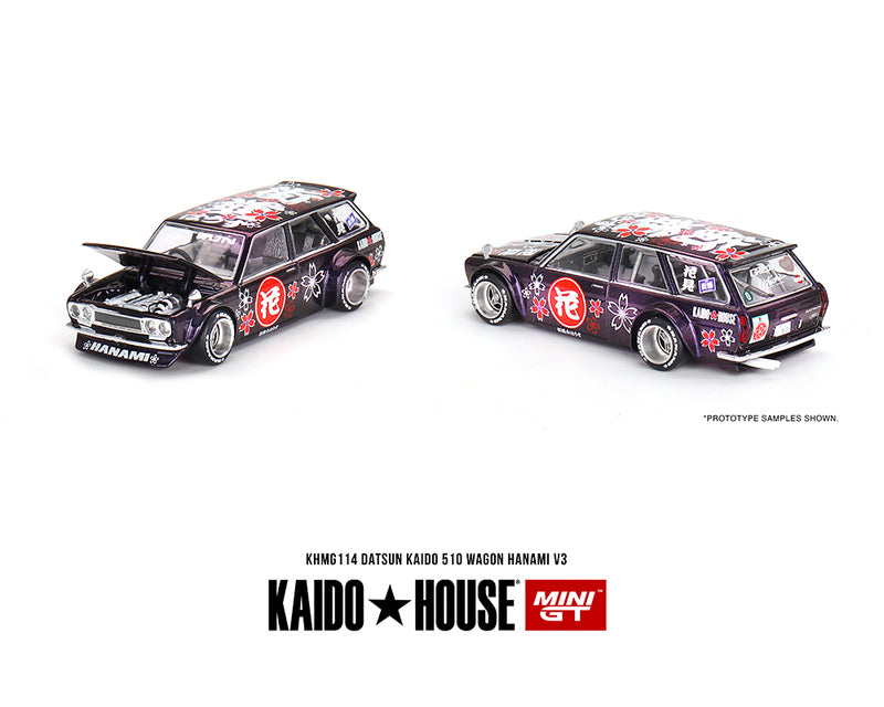 Kaido House x Mini GT 1:64 Datsun KAIDO 510 Wagon Hanami V3 – Magic Purple with hood open