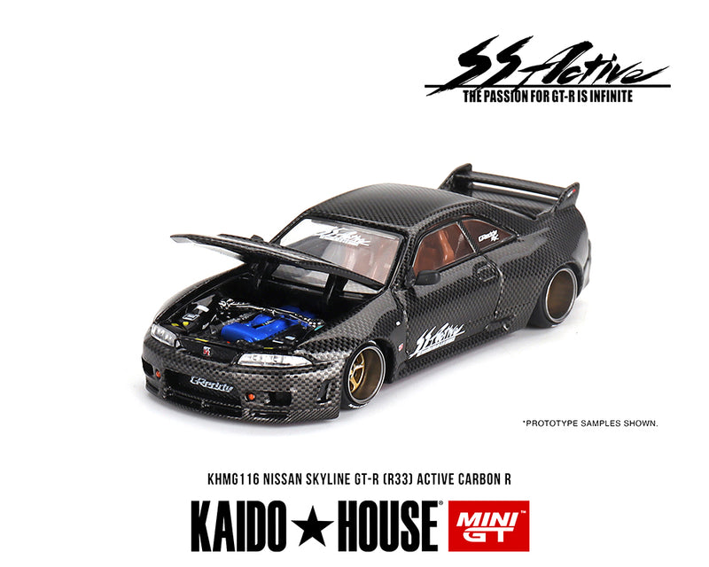Kaido House x Mini GT 1:64 Nissan Skyline GT-R (R33) Active Carbon R hood open
