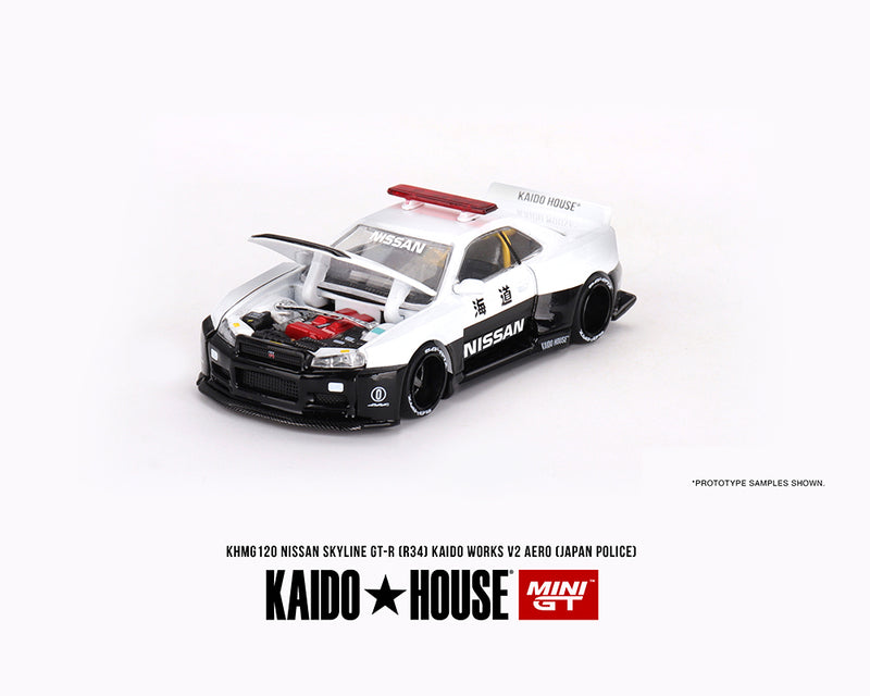 Kaido House x Mini GT 1:64 Nissan Skyline GT-R R34 Kaido Works (V2 Aero) Police hood open to see engine