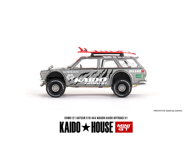 Kaido House x Mini GT 1:64 Datsun KAIDO 510 Wagon 4×4 Kaido Offroad V1 driver side with surfboards