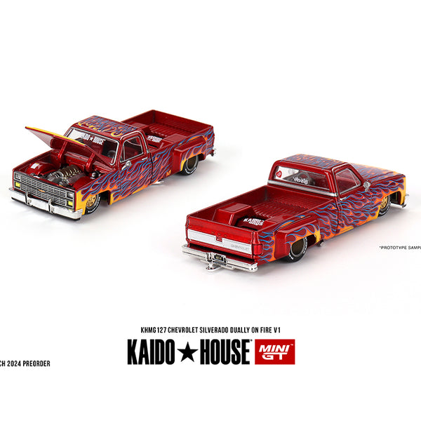 ミニカー KAIDO HOUSE Chevrolet Silverado Dually Mini GT x Kaido House 1:64 Chevrolet Silverado Dually on Fire V1