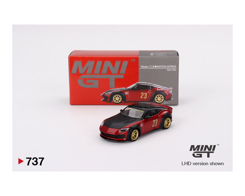 Mini GT 1:64 CLDC Magazine with Nissan Z LB Nation Works – M Red – China CLDC Exclusives retail box packaging