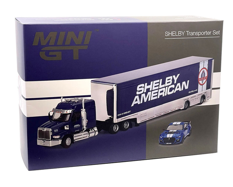 Mini GT 1:64 Shelby American Transporter Set Western Star 49X & Shelby GT500 SE Widebody – Mijo Exclusives retail packaging set