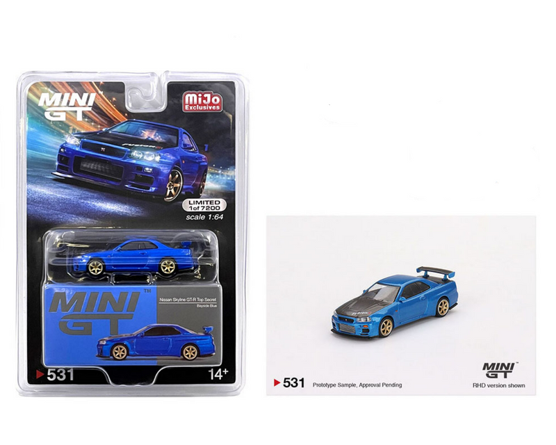 Mini GT 1:64 Nissan Skyline GT-R (R34) Top Secret Bayside – Blue – Mijo Exclusives