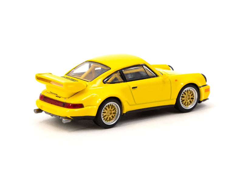 Tarmac Works x Schuco 1:64 Porsche 911 RSR 3.8 (Yellow) – Collab64 Spoiler and exhaust