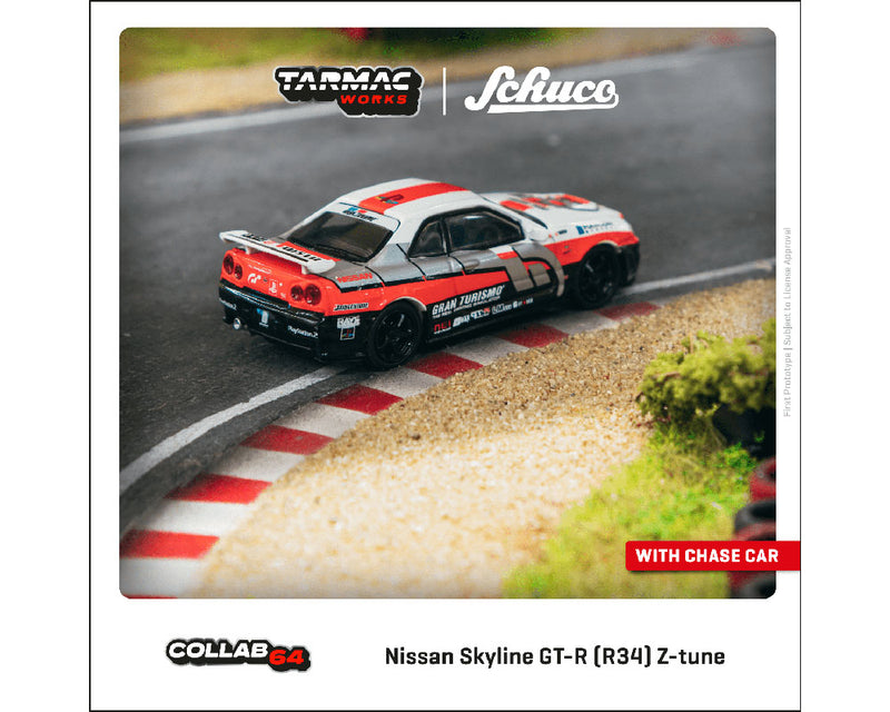Tarmac Works 1:64 Nissan Skyline GT-R (R34) Z-tune – White/Red/Black- Collab64