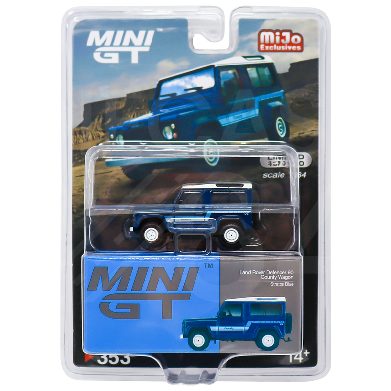 Mini GT MiJo Exclusive Stratos Blue Land Rover Defender 90 County Wagon